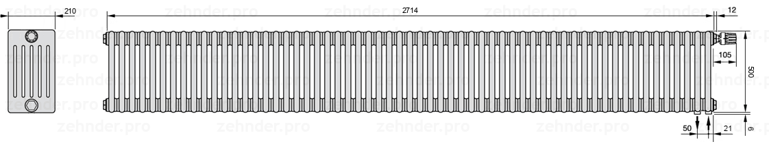 Схема (чертеж) Радиатор Zehnder Charleston 6050/59 №V002 Белый глянцевый RAL 9016